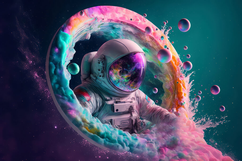 Astronauta w kolorowej mgle — cały wzór