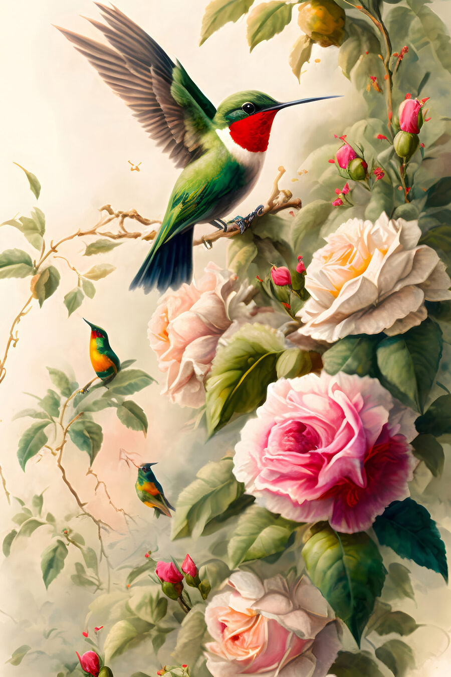 Kolibry przy różach — cały wzór