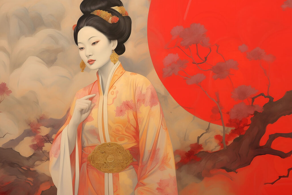 Kimono w czerwieni zachodu — cały wzór