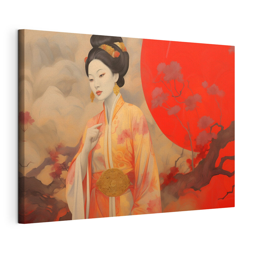 Kimono w czerwieni zachodu — naciągnięte płótno i zawinięta krawędź