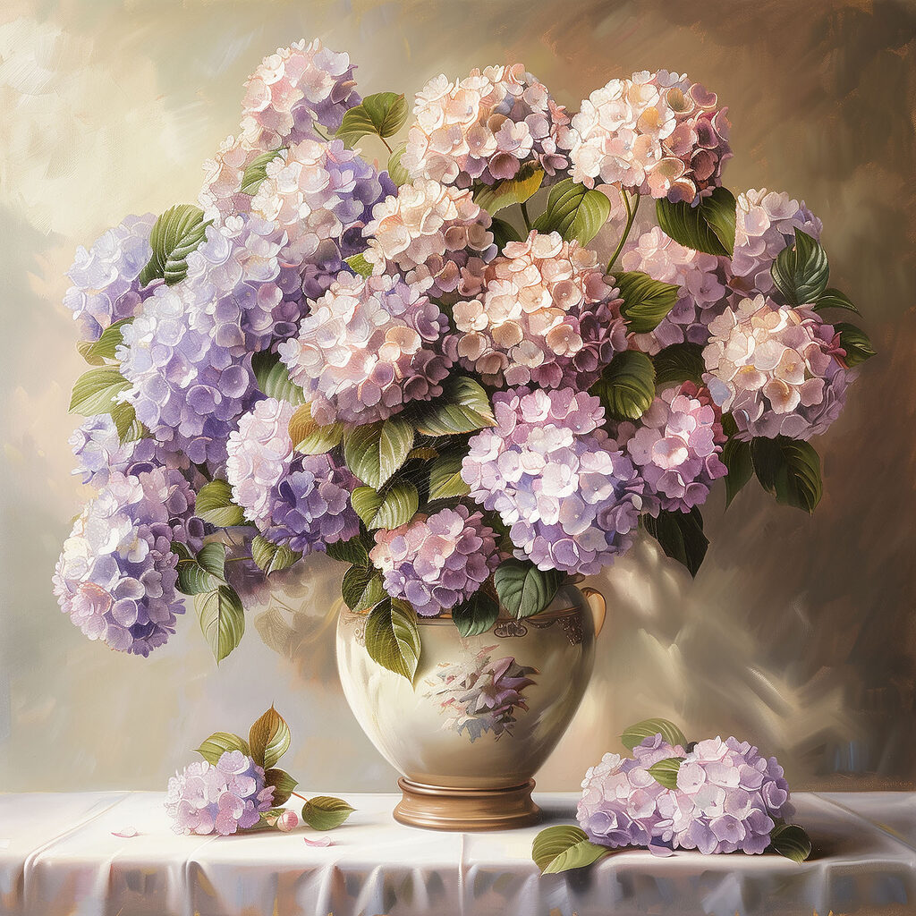 Liliowe hortensje o zmierzchu — cały wzór