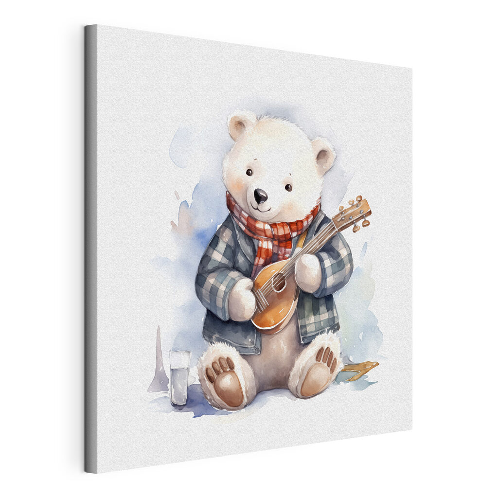 Miś z ukulele — naciągnięte płótno i zawinięta krawędź