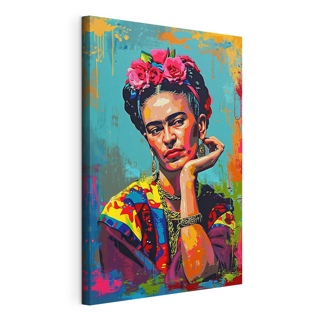 Frida z kwiatami — naciągnięte płótno i zawinięta krawędź