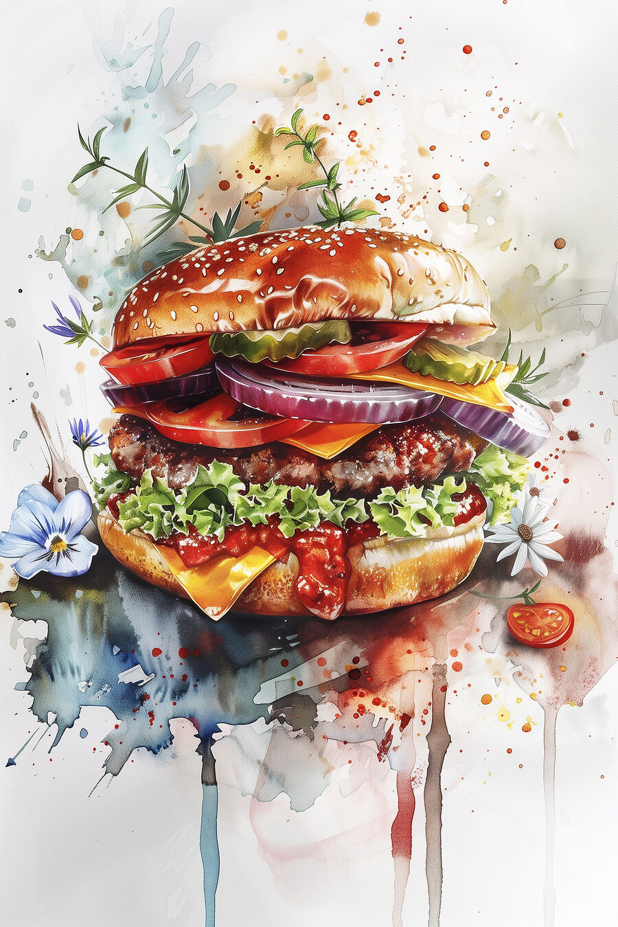 Burger w akwarelowych plamach — cały wzór