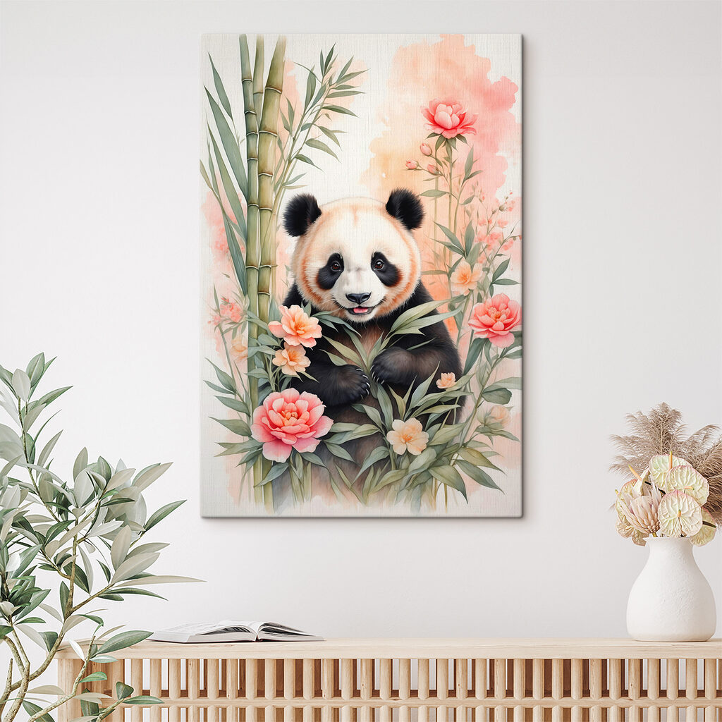 Panda wśród różowych kwiatów we wnętrzu