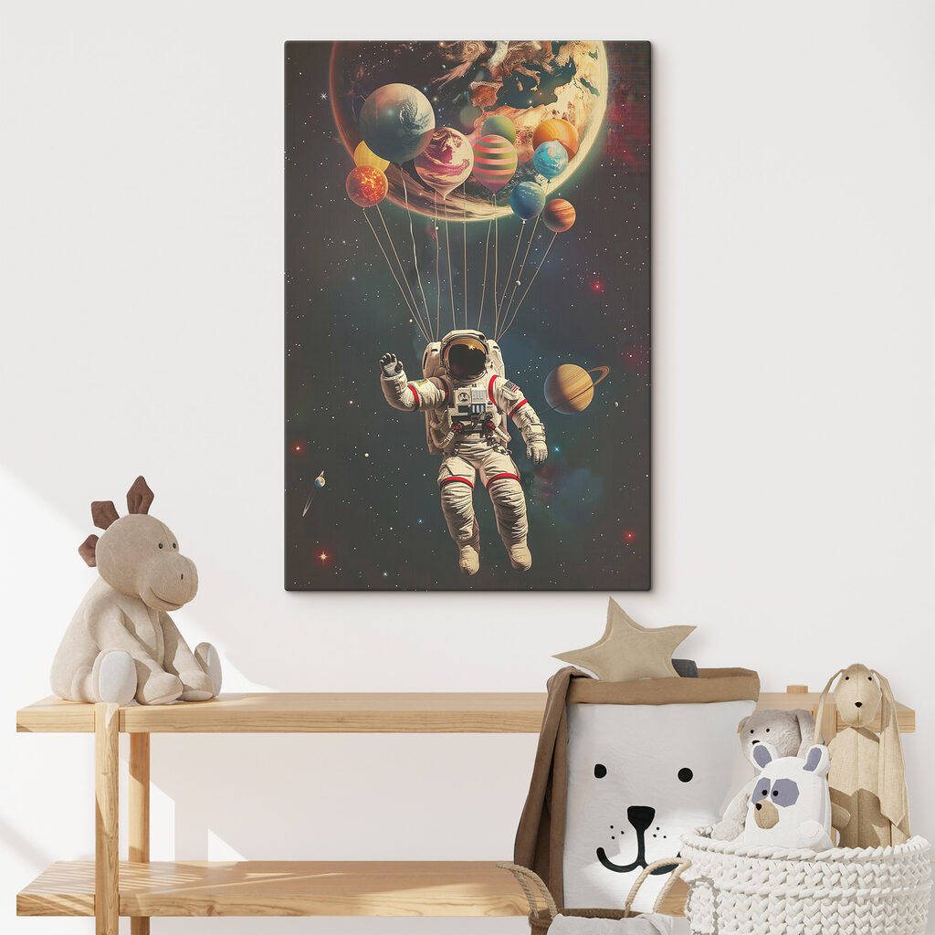 Astronauta z balonami planet we wnętrzu