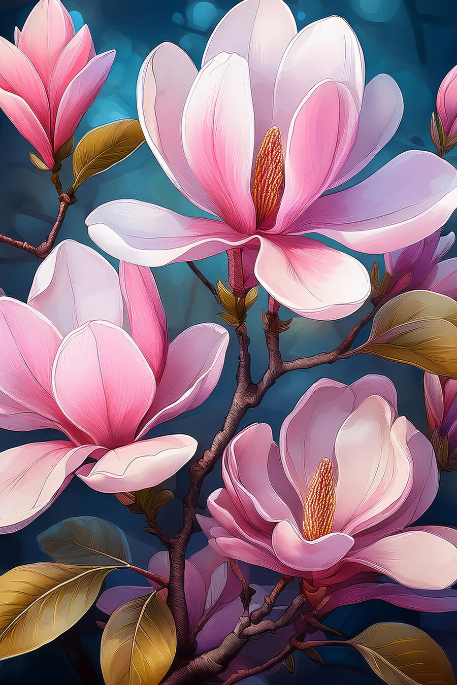 Różowa magnolia na granacie — cały wzór