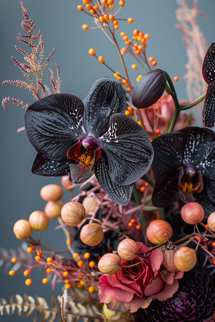 Czarne orchidee wśród jagód — cały wzór