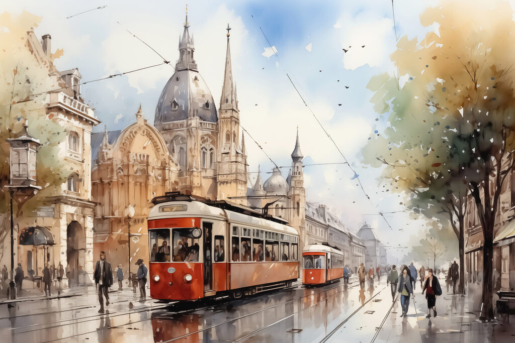 Czerwone tramwaje w deszczu — cały wzór