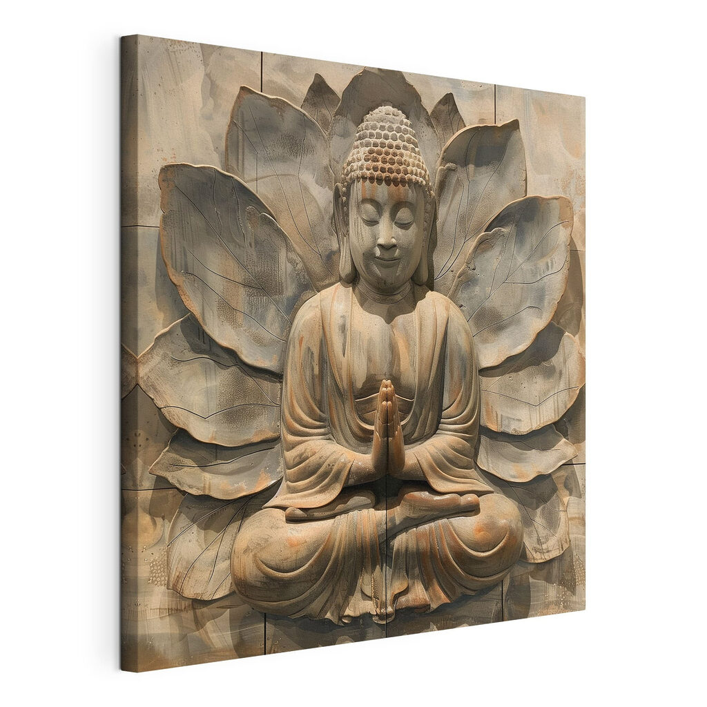 Budda wśród lotosowych liści — naciągnięte płótno i zawinięta krawędź