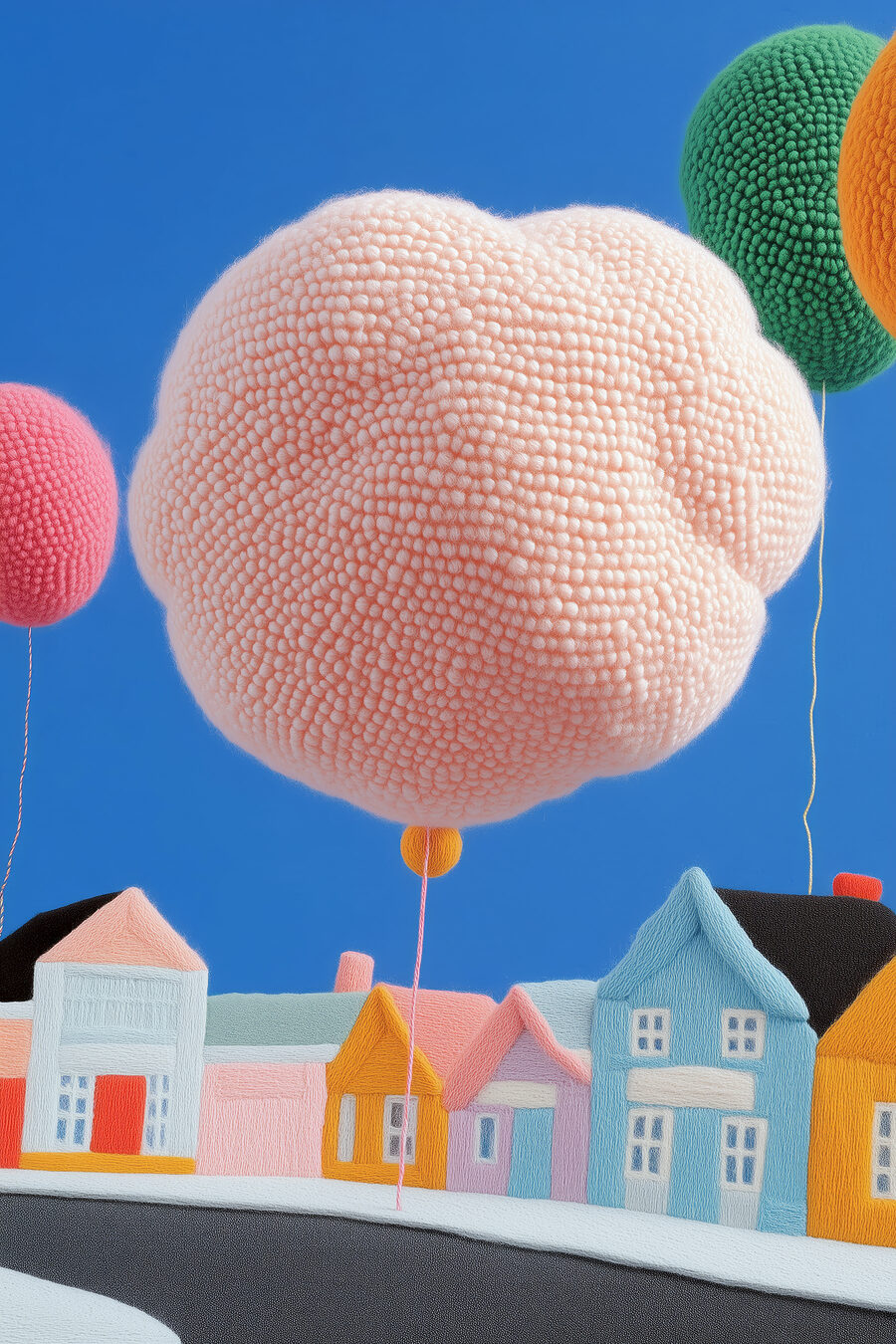 Różowy balon nad domkami — cały wzór