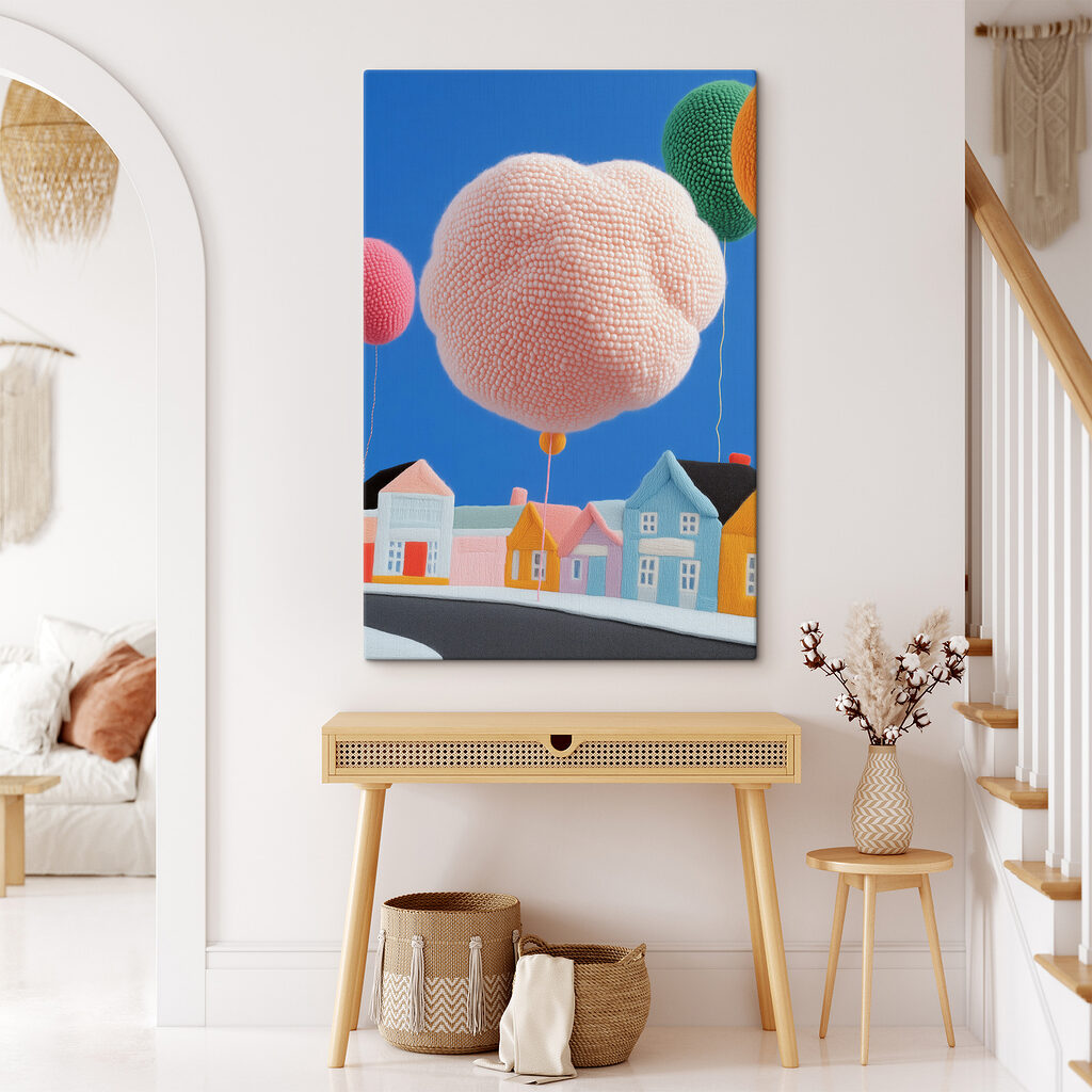 Różowy balon nad domkami — wnętrze 2