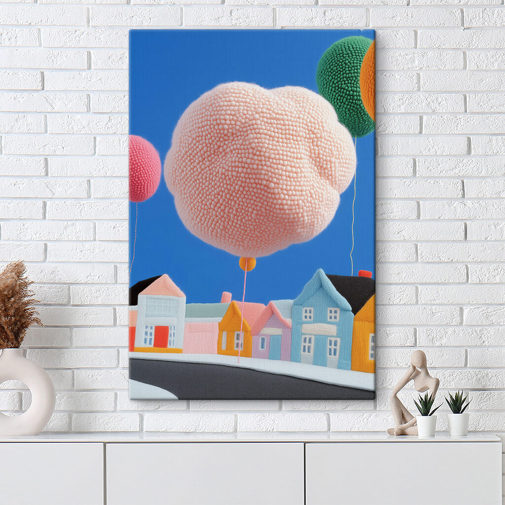 Różowy balon nad domkami — wnętrze 1