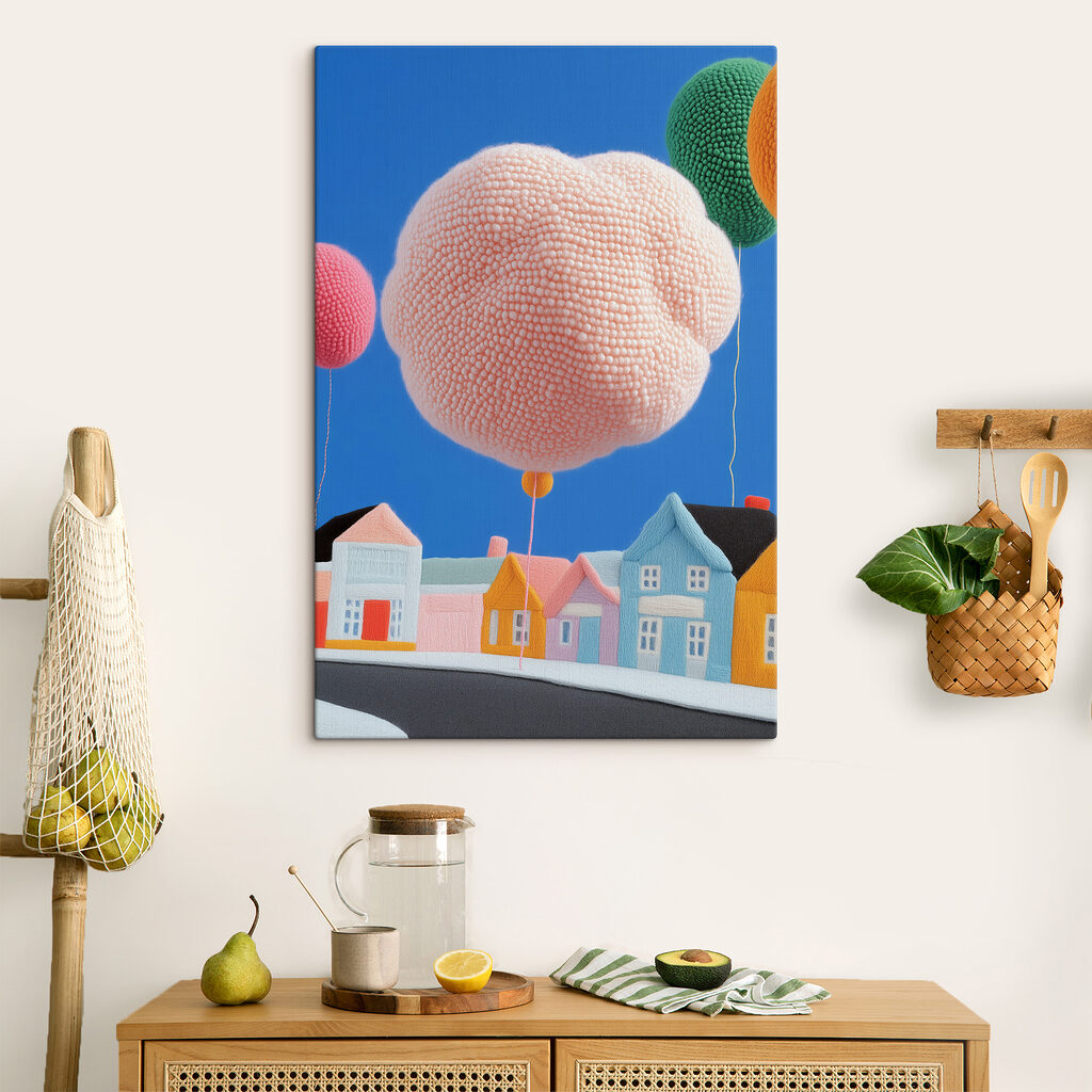 Różowy balon nad domkami — wnętrze 3