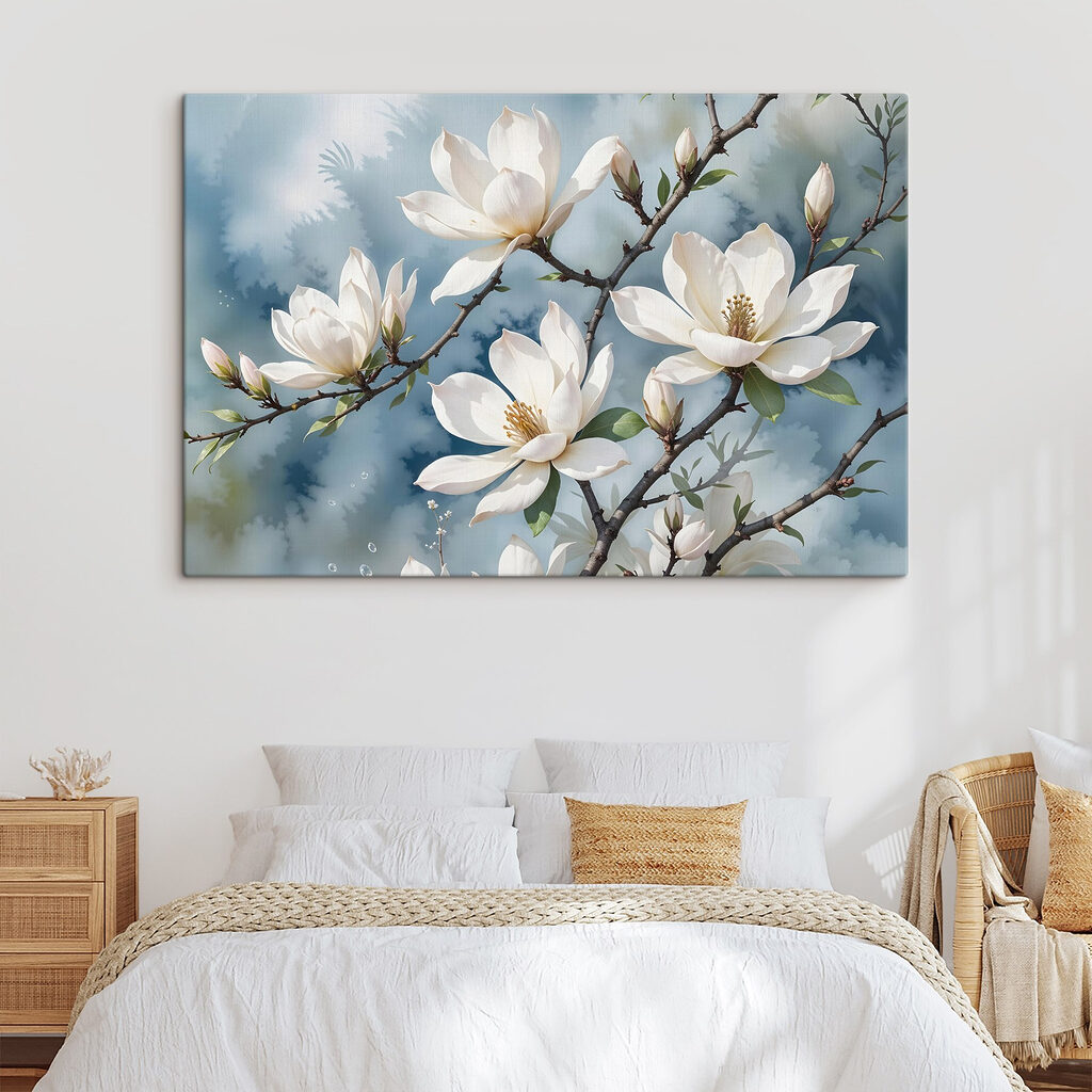 Biała magnolia, szarobłękitne tło — wnętrze 1