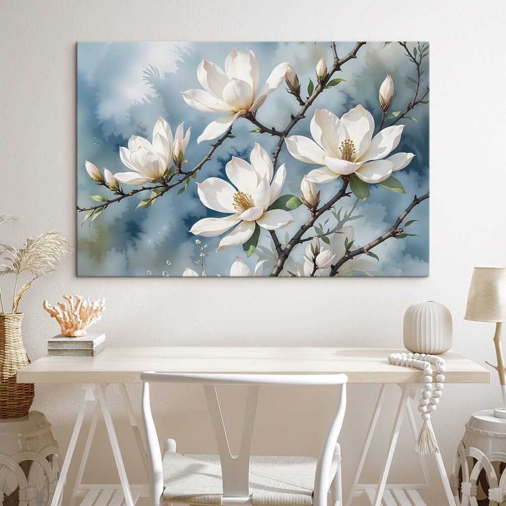 Biała magnolia, szarobłękitne tło — wnętrze 2