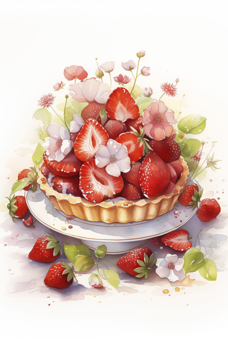 Tarta truskawkowa wśród kwiatów — cały wzór