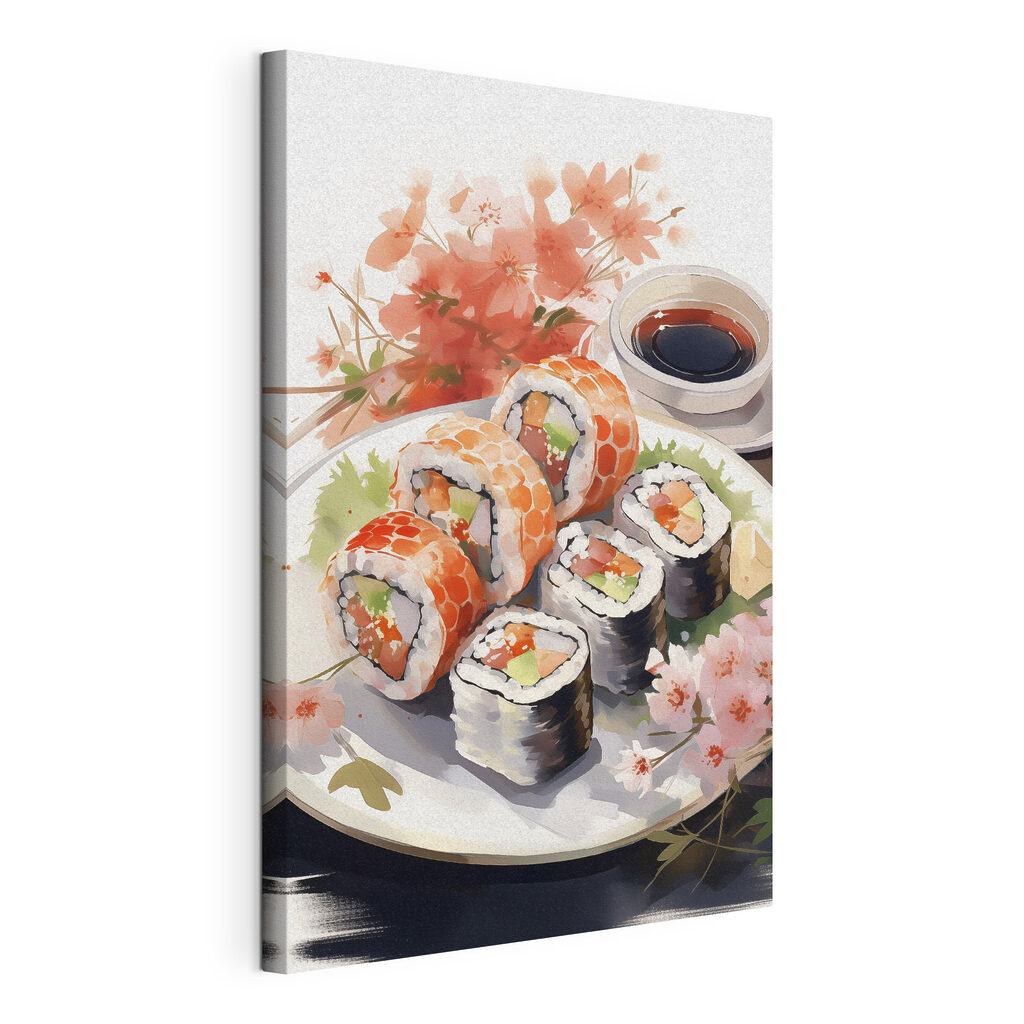 Sushi obok jesiennej gałązki — naciągnięte płótno i zawinięta krawędź