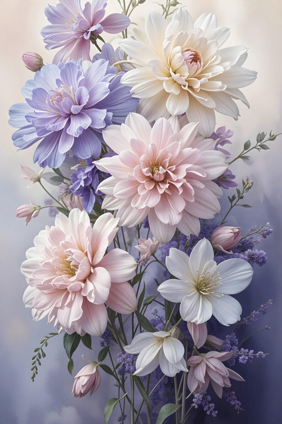 Dalie w bladych pastelach — cały wzór