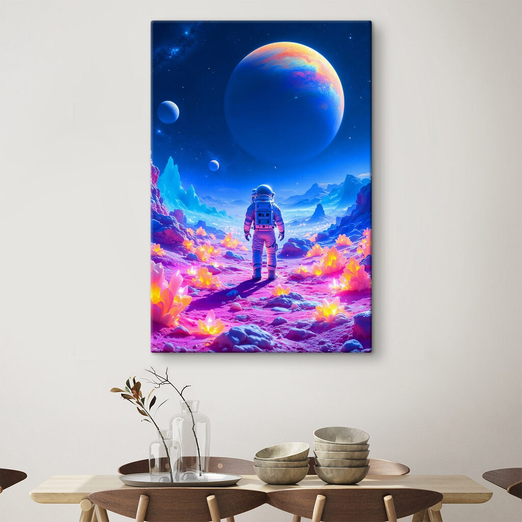 Astronauta w neonowych górach we wnętrzu