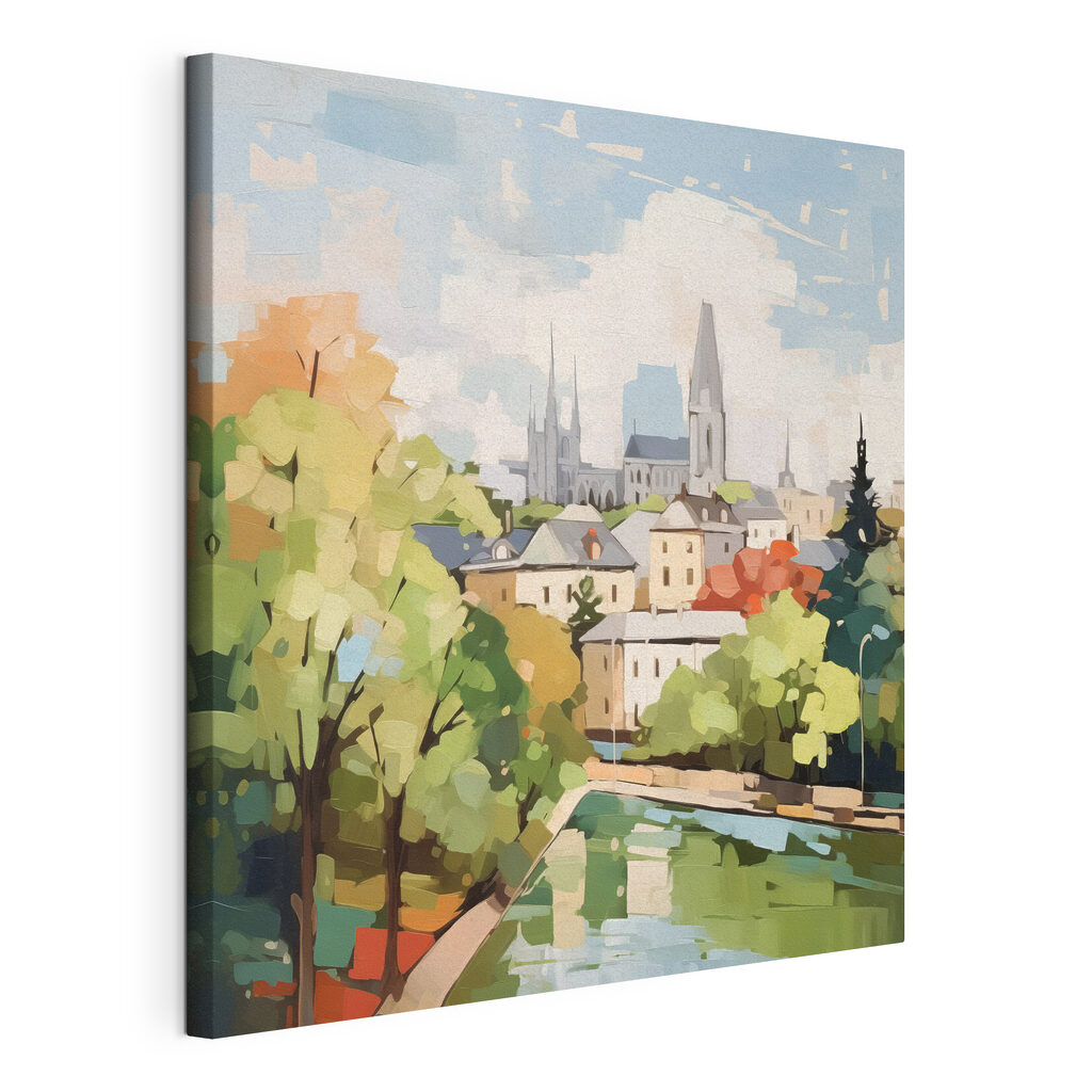 Miasto nad zieloną rzeką — naciągnięte płótno i zawinięta krawędź