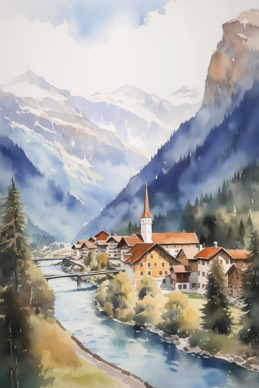 Górska wioska nad rzeką — cały wzór