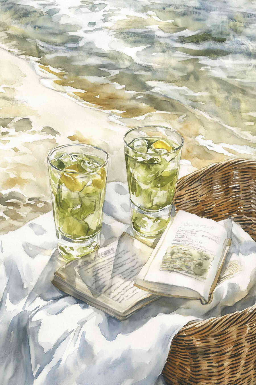 Limonkowe napoje przy książce — cały wzór