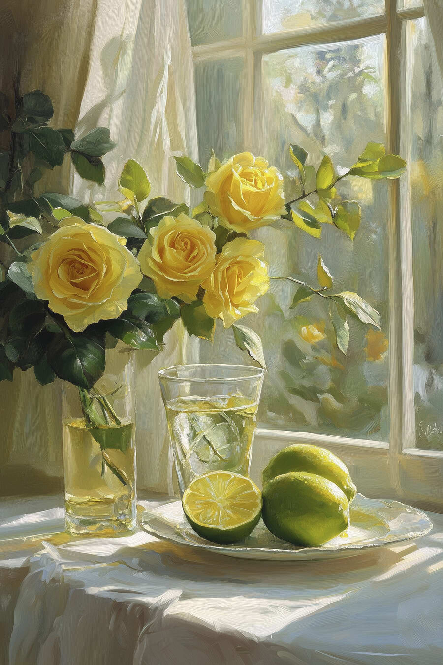 Żółte róże z limonkami — cały wzór