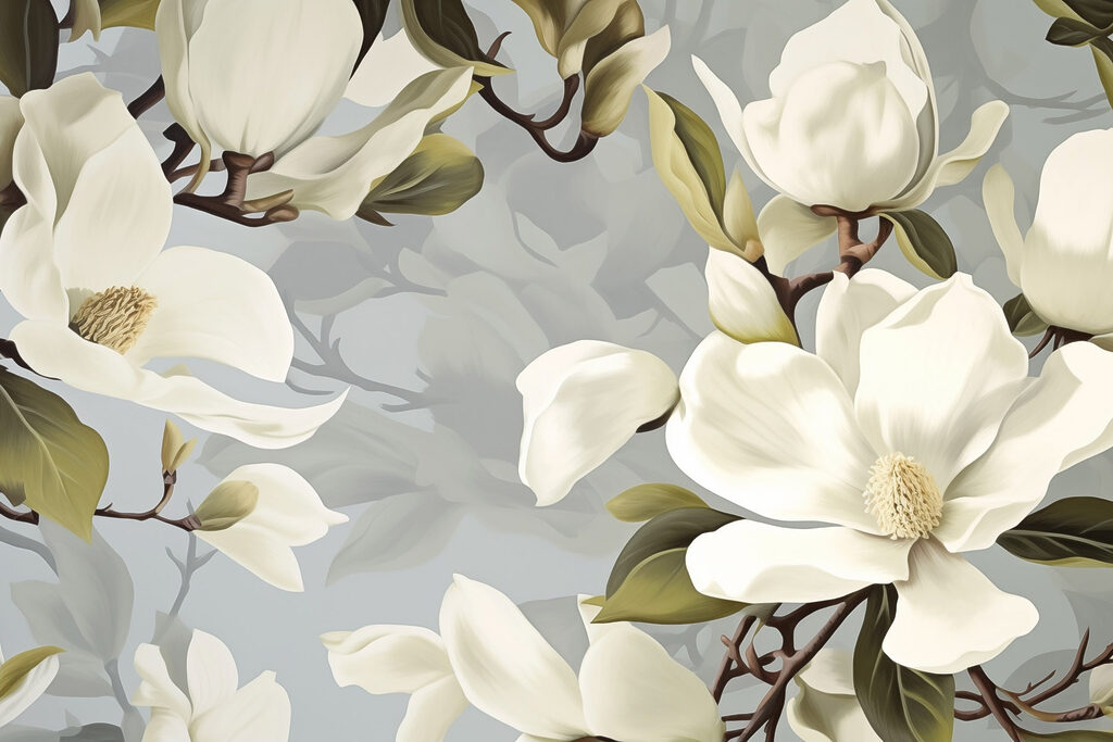 Kremowa magnolia wśród zieleni — cały wzór