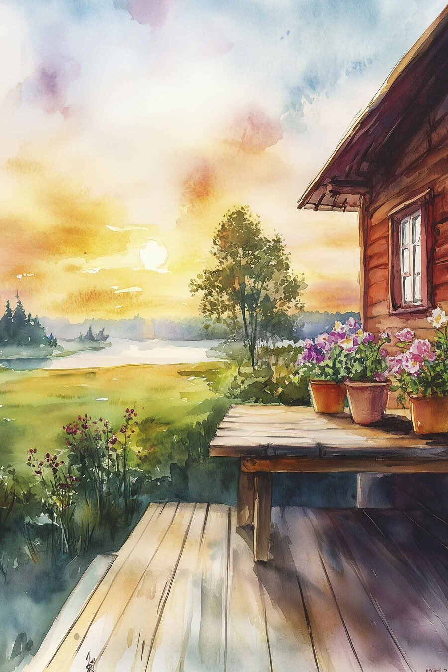 Drewniana weranda o zmierzchu — cały wzór