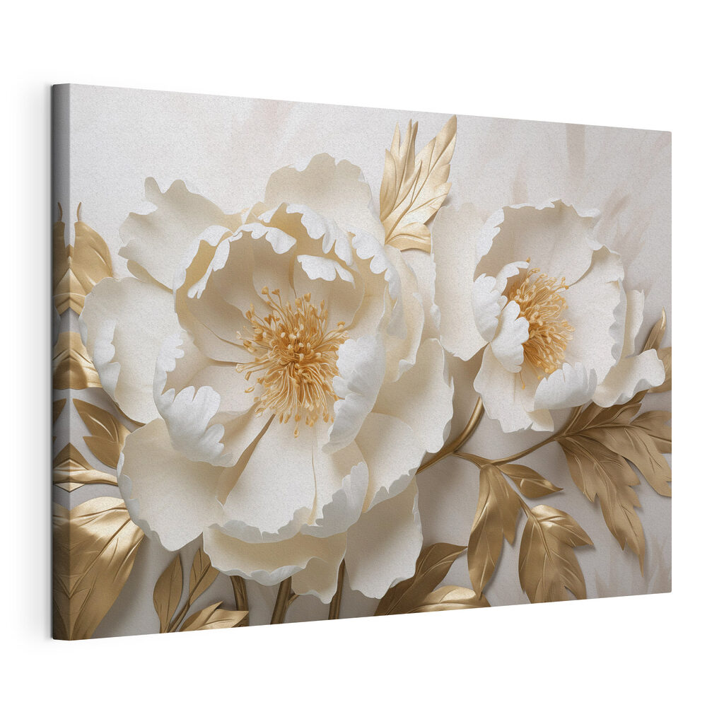 Kremowe piwonie w złocie — naciągnięte płótno i zawinięta krawędź