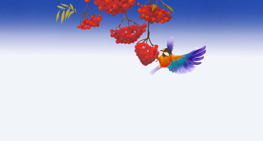 Kolorowy ptak wśród jagód — cały wzór