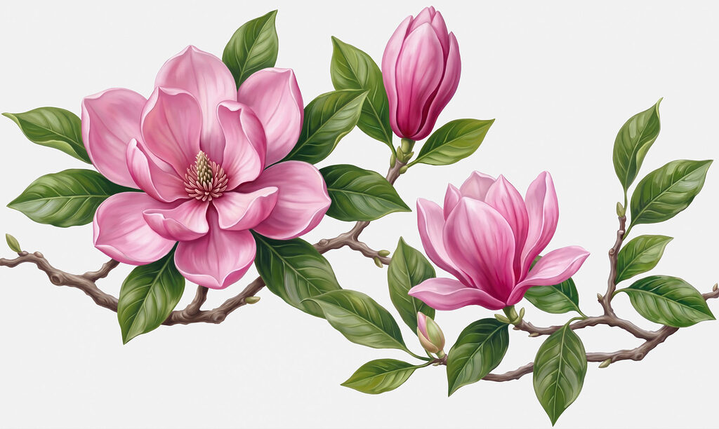 Różowa magnolia na gałęziach — cały wzór