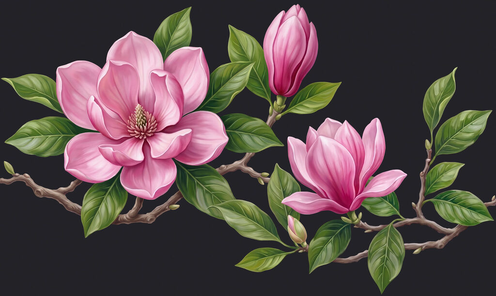 Różowa magnolia na gałęziach — cały wzór