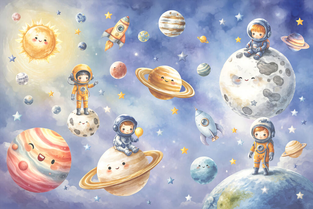 Mali astronauci w podróży — cały wzór