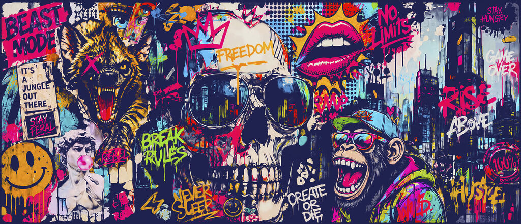 Czaszka w jaskrawym graffiti — cały wzór