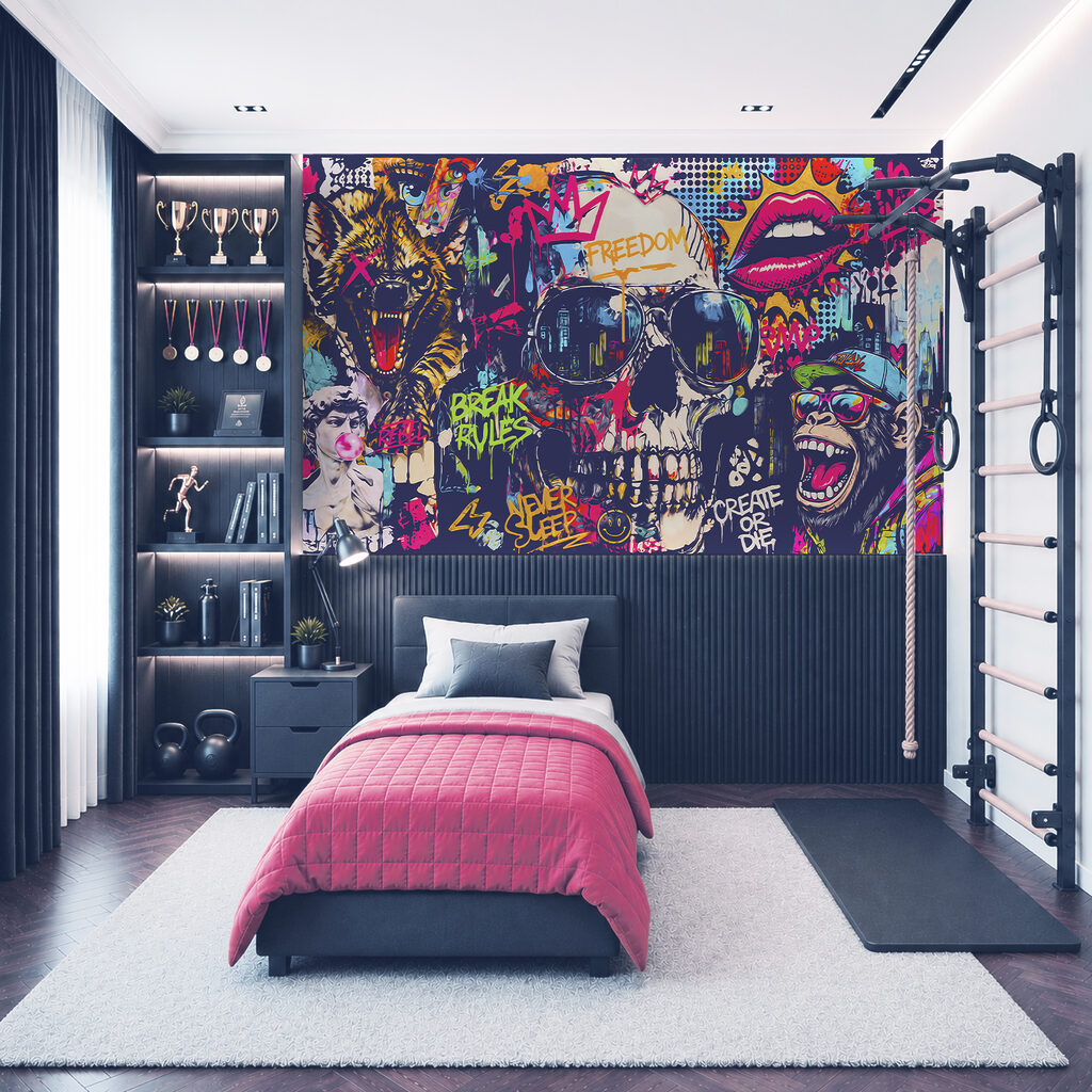 Czaszka w jaskrawym graffiti — wnętrze 4