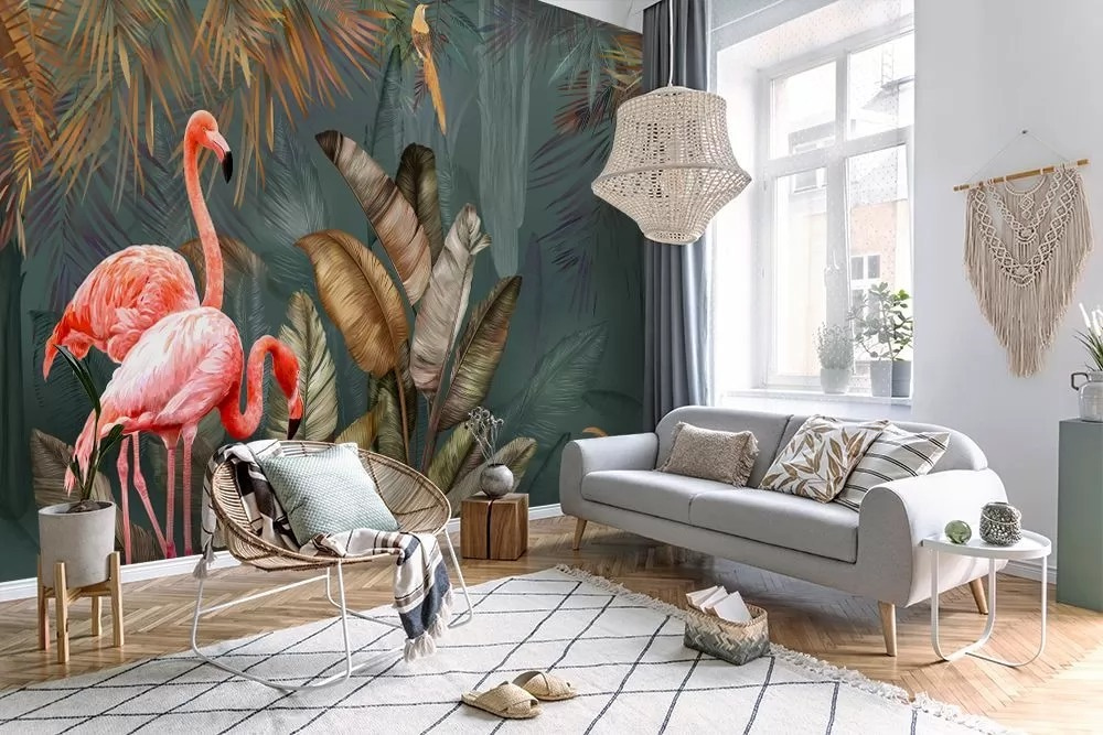 Flamingi w bujnych liściach we wnętrzu