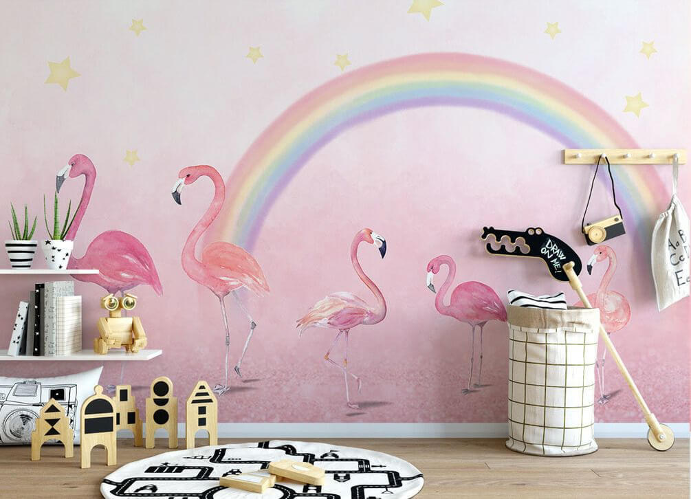 Flamingi pod tęczą we wnętrzu