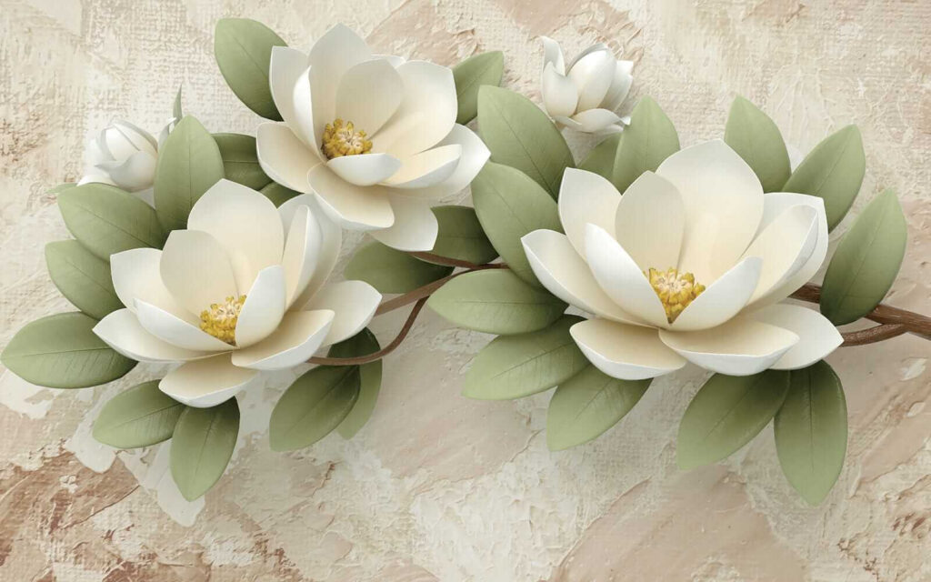 Biała magnolia na beżu — cały wzór