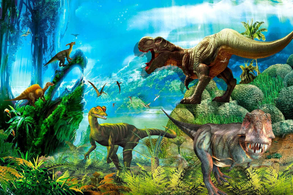 Dinozaury w niebieskiej dżungli — cały wzór