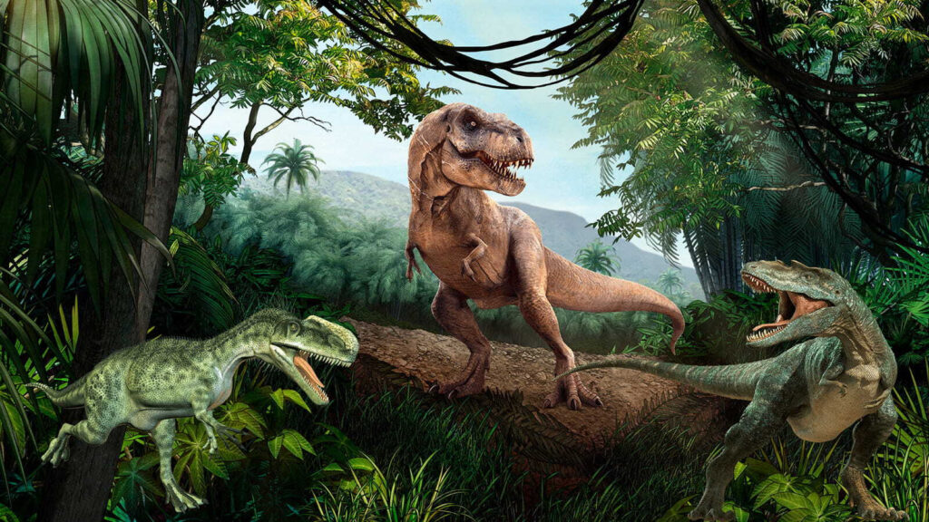 Dinozaury na leśnej skale — cały wzór