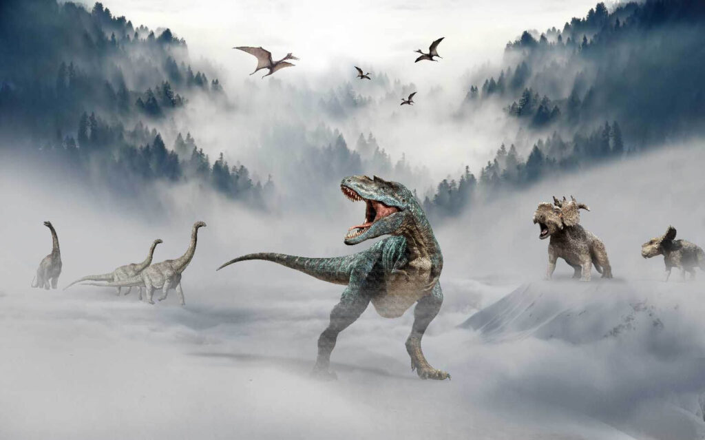 Dinozaury w górskiej mgle — cały wzór
