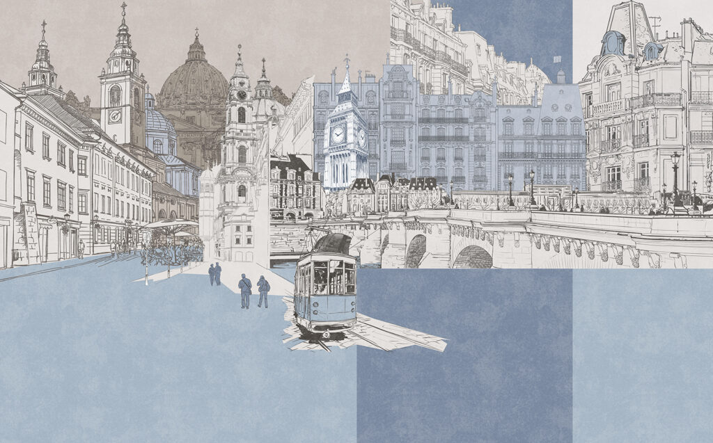 Tramwaj wśród fasad — cały wzór