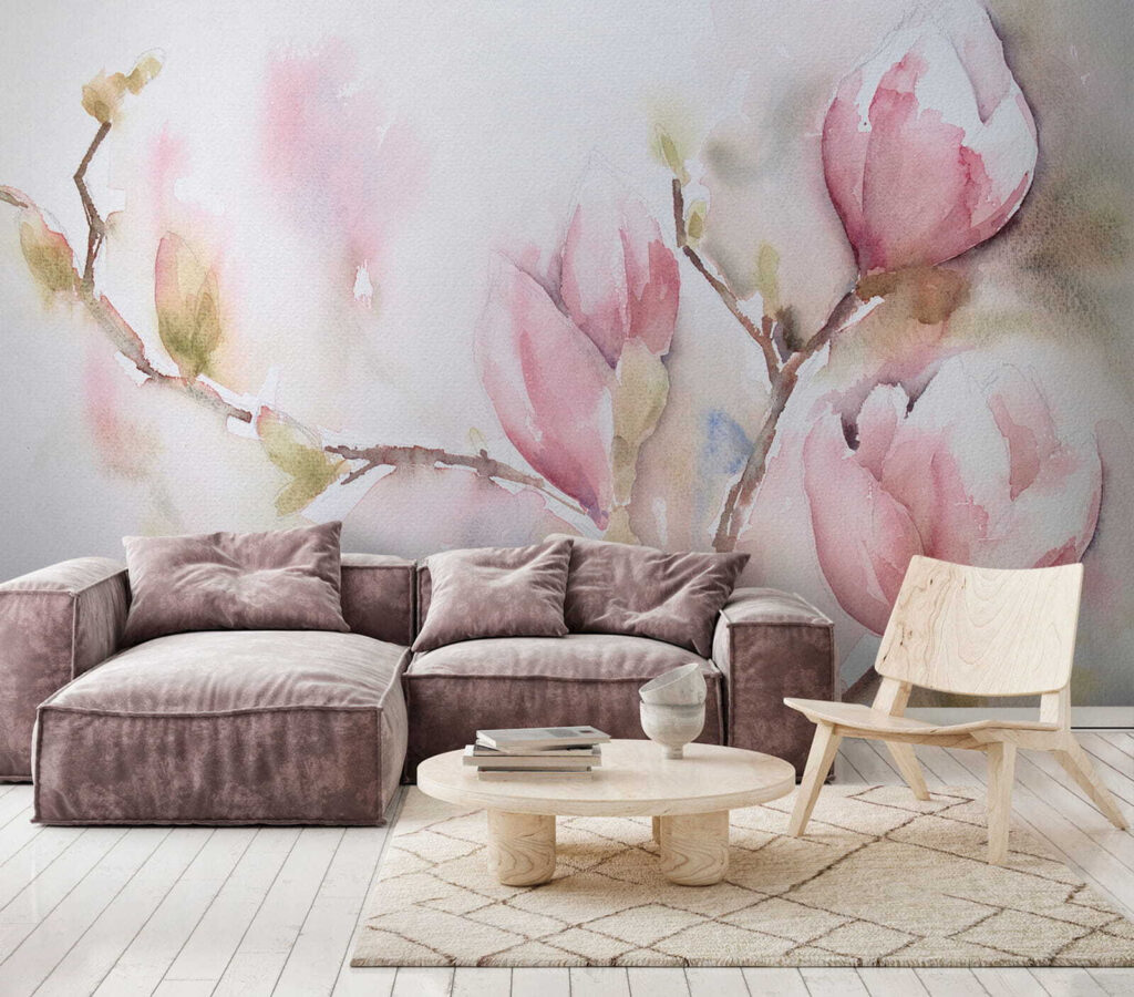 Magnolia w różowej akwareli we wnętrzu