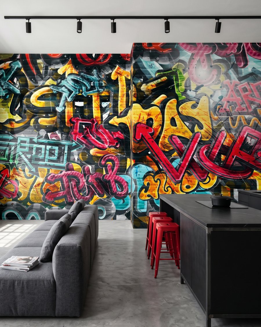 Ściana pełna graffiti we wnętrzu