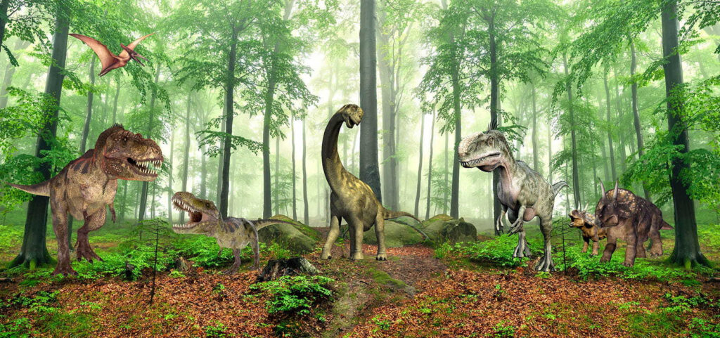Dinozaury w słonecznym lesie — cały wzór