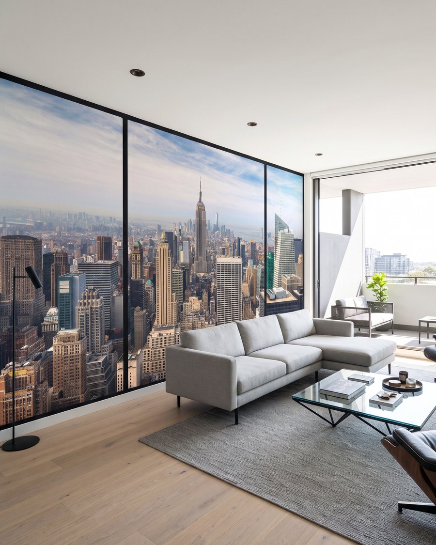 Manhattan za czarnymi ramami we wnętrzu