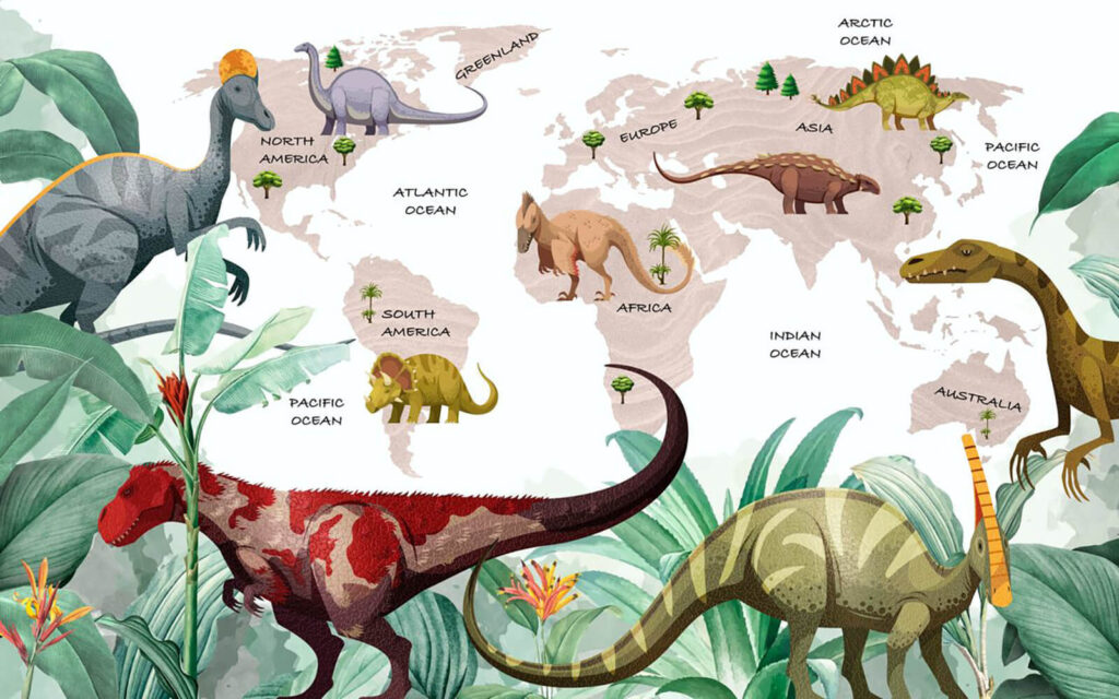 Dinozaury i mapa świata — cały wzór