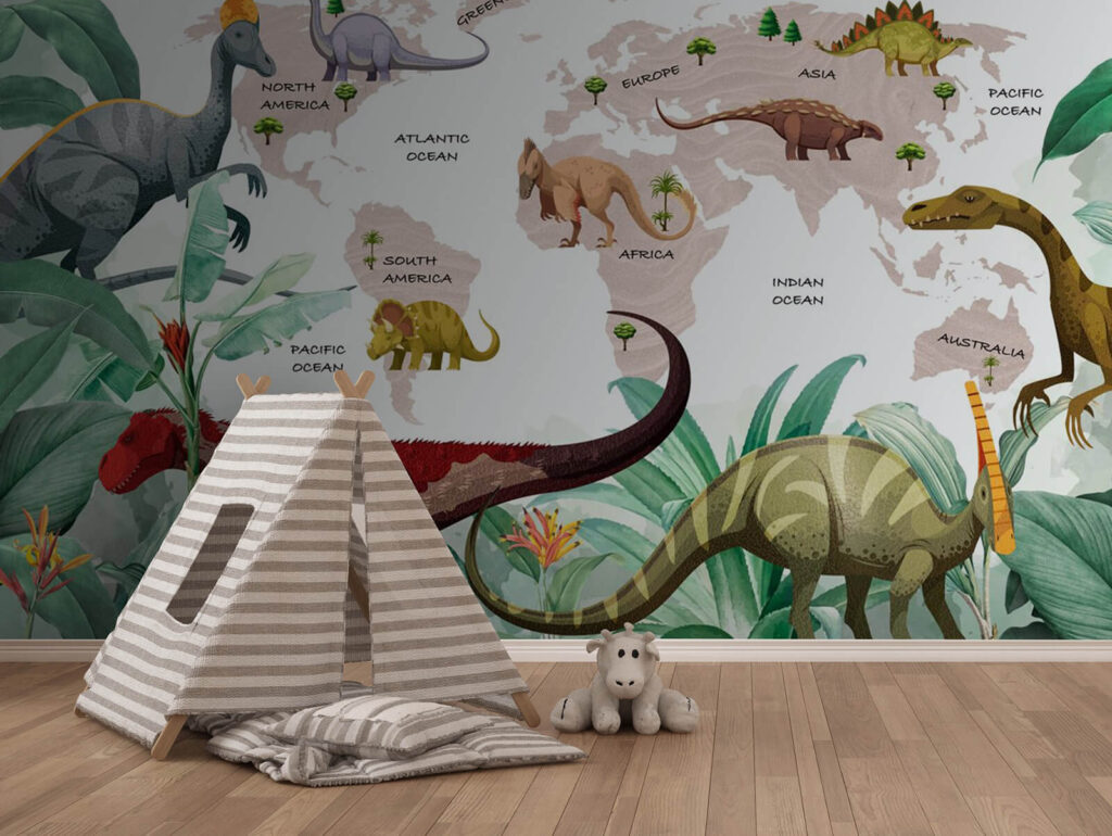 Dinozaury i mapa świata we wnętrzu